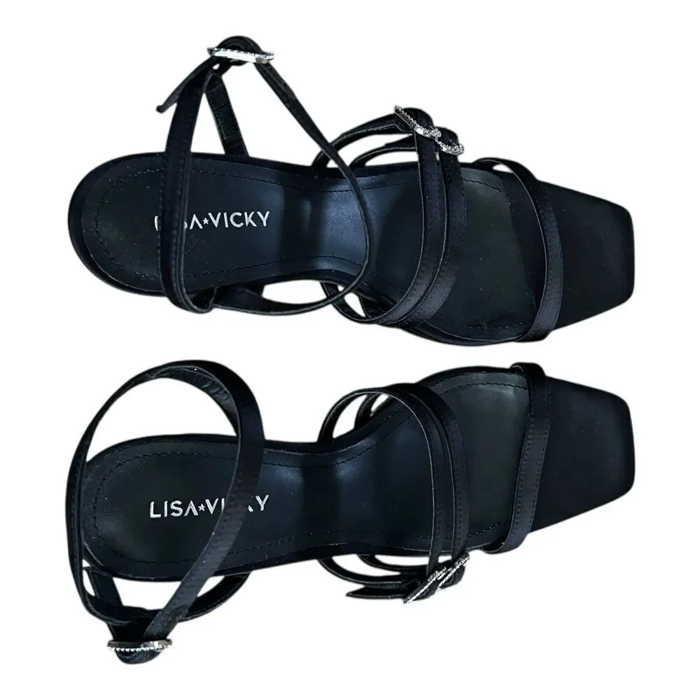 Lisa Vicky Black Satin Babe Strappy Platform Block Heel Sandals 8